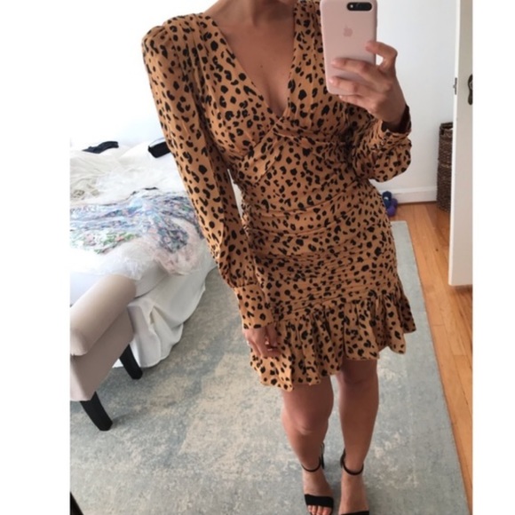 NICHOLAS Brownish/Tan Black 100%Silk Leopard Print Gathered Ruffle Frill Dress 4 - Picture 5 of 16